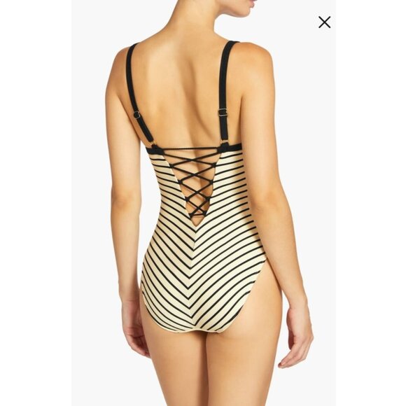 Robin Piccone One Piece Swimsuit Womens Parker Stripped Size 4 Ecru/Black Color - Picture 2 of 12